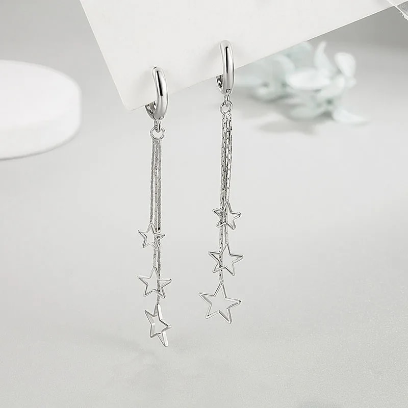 Popular Elegant Three Stars Hoop Earrings for Women, Sterling Silver with Long Tassel Design