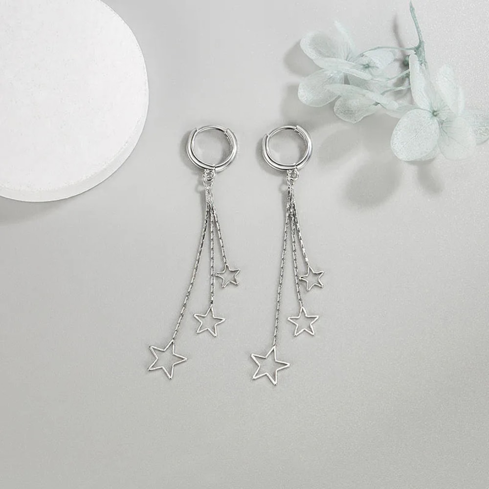 Popular Elegant Three Stars Hoop Earrings for Women, Sterling Silver with Long Tassel Design