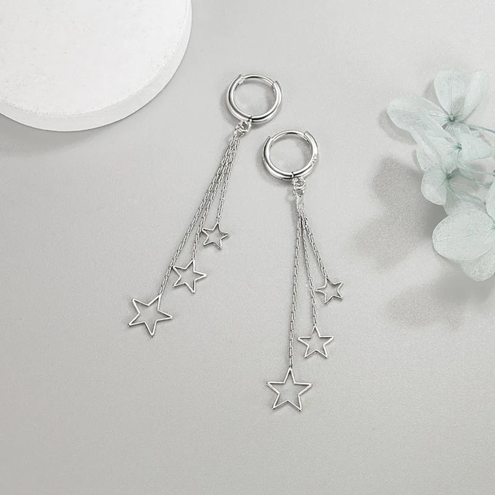 Popular Elegant Three Stars Hoop Earrings for Women, Sterling Silver with Long Tassel Design