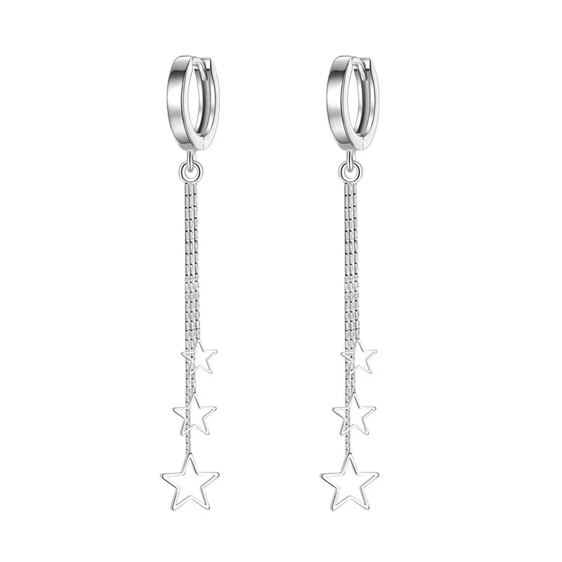 Popular Elegant Three Stars Hoop Earrings for Women, Sterling Silver with Long Tassel Design