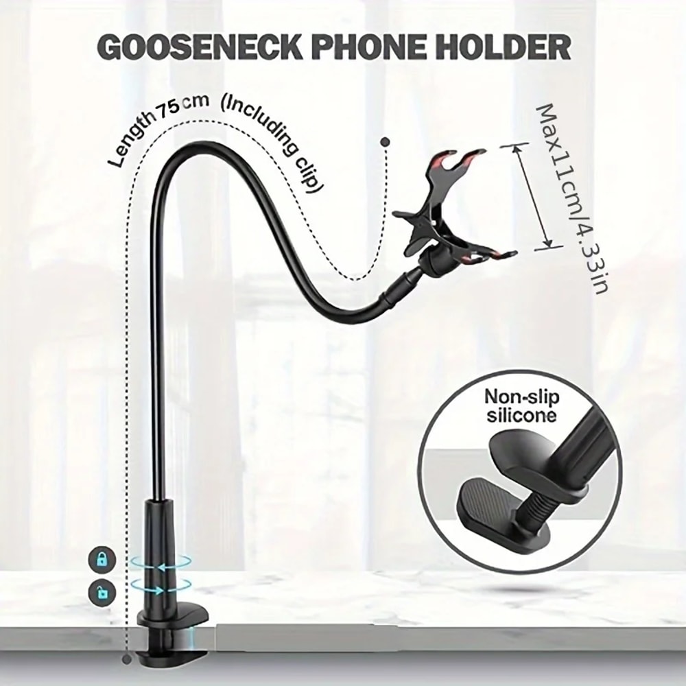 Phone Clip Holder With Grip Flexible Long Arm Gooseneck Lazy Mount Clamp Stand 3
