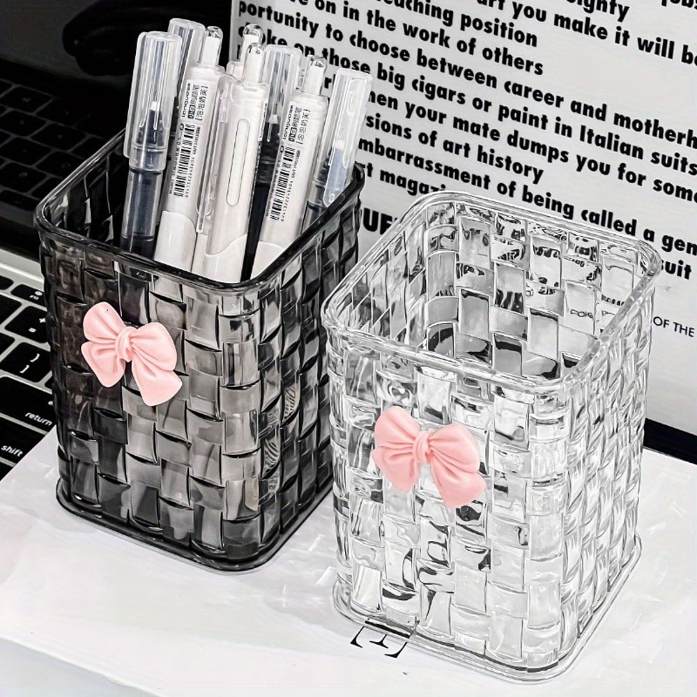 Durable Clear Acrylic Desk Organizer with Bow Accent Pen Holder and Storage Basket for Office Supplies and Accessories