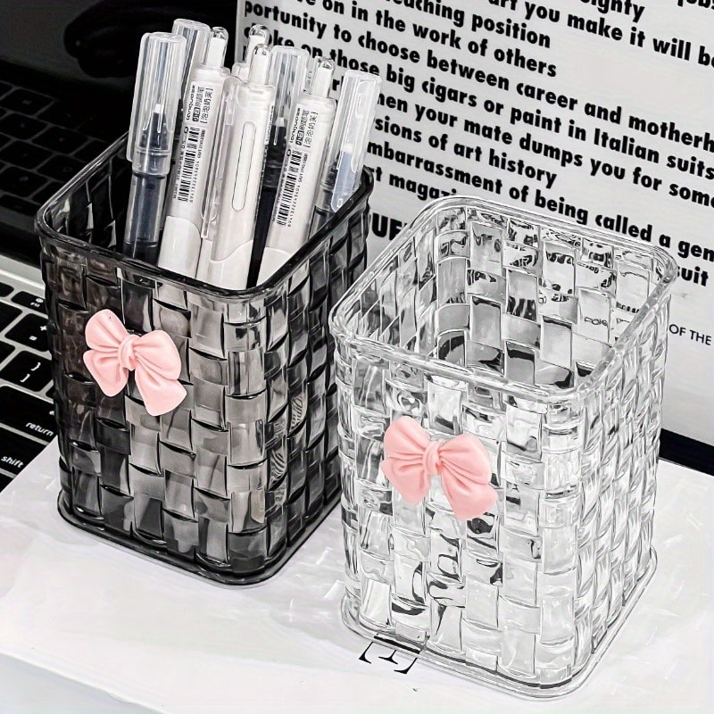 Durable Clear Acrylic Desk Organizer with Bow Accent Pen Holder and Storage Basket for Office Supplies and Accessories