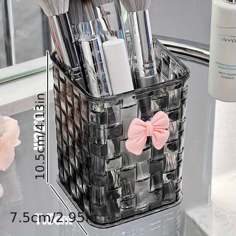 Durable Clear Acrylic Desk Organizer with Bow Accent Pen Holder and Storage Basket for Office Supplies and Accessories