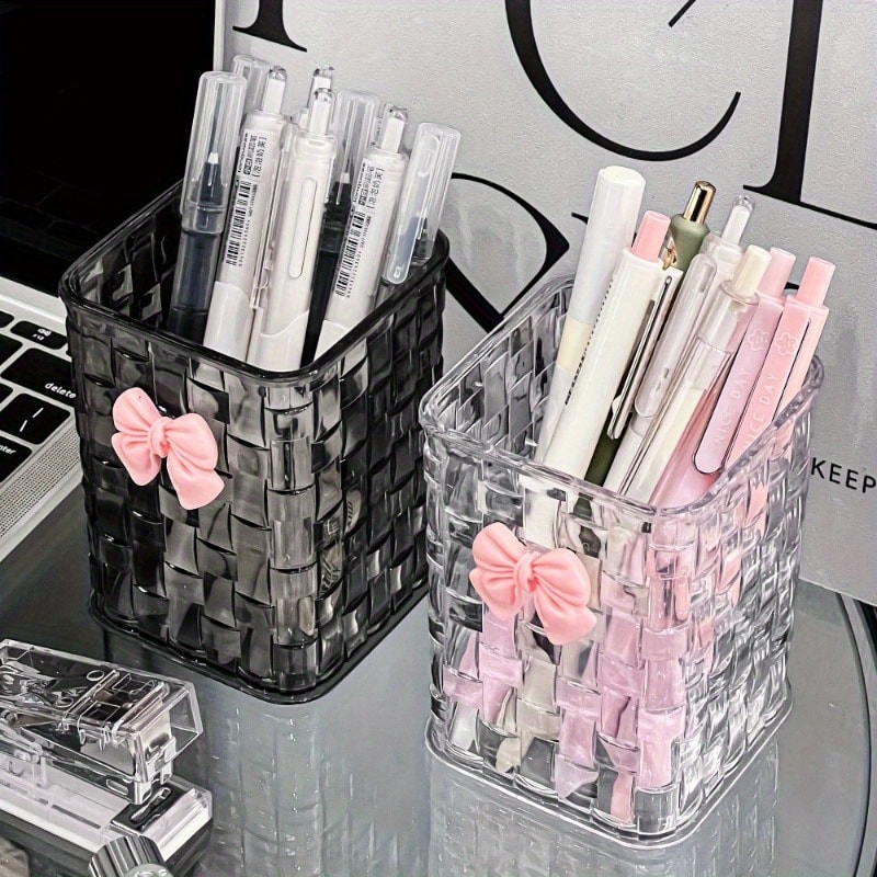 Durable Clear Acrylic Desk Organizer with Bow Accent Pen Holder and Storage Basket for Office Supplies and Accessories