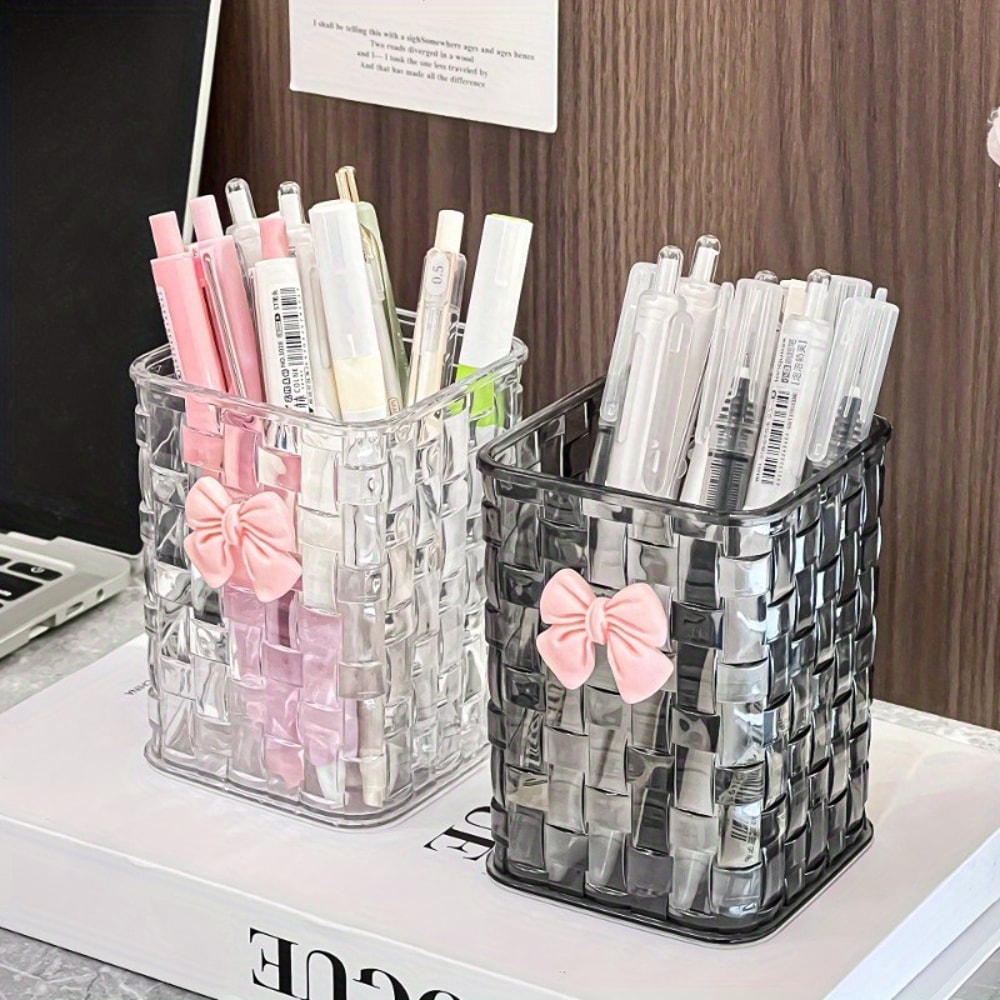 Durable Clear Acrylic Desk Organizer with Bow Accent Pen Holder and Storage Basket for Office Supplies and Accessories