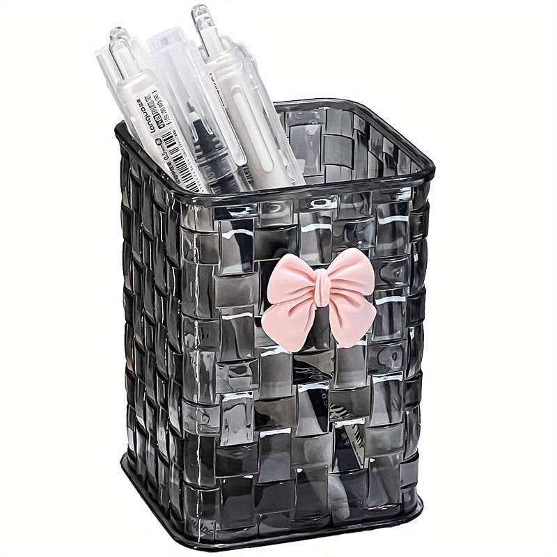 Durable Clear Acrylic Desk Organizer with Bow Accent Pen Holder and Storage Basket for Office Supplies and Accessories