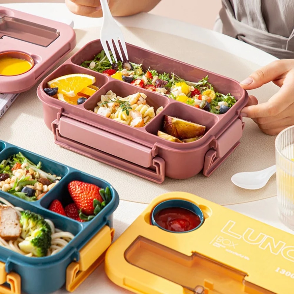 Compartment Bento Box With Fork Spoon Microwave Safe Lunch Box For Kids Students Office 3