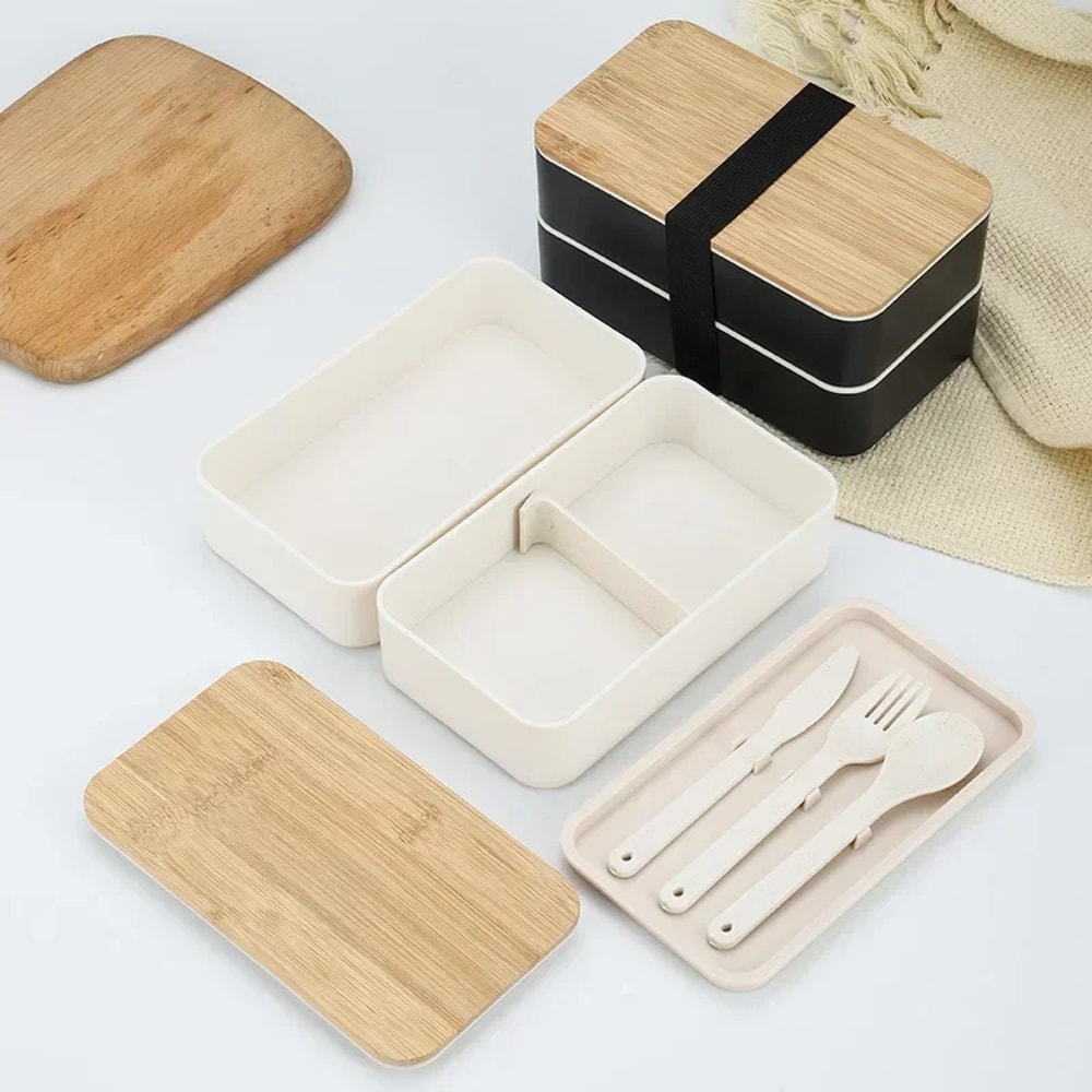 Minimalist Doublelayer Bento Box With Knife Fork Spoon New Style Divided Lunch Box For Students 2