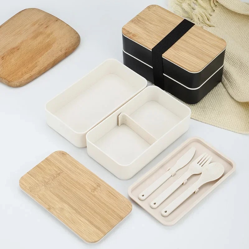 Minimalist Doublelayer Bento Box With Knife Fork Spoon New Style Divided Lunch Box For Students 2