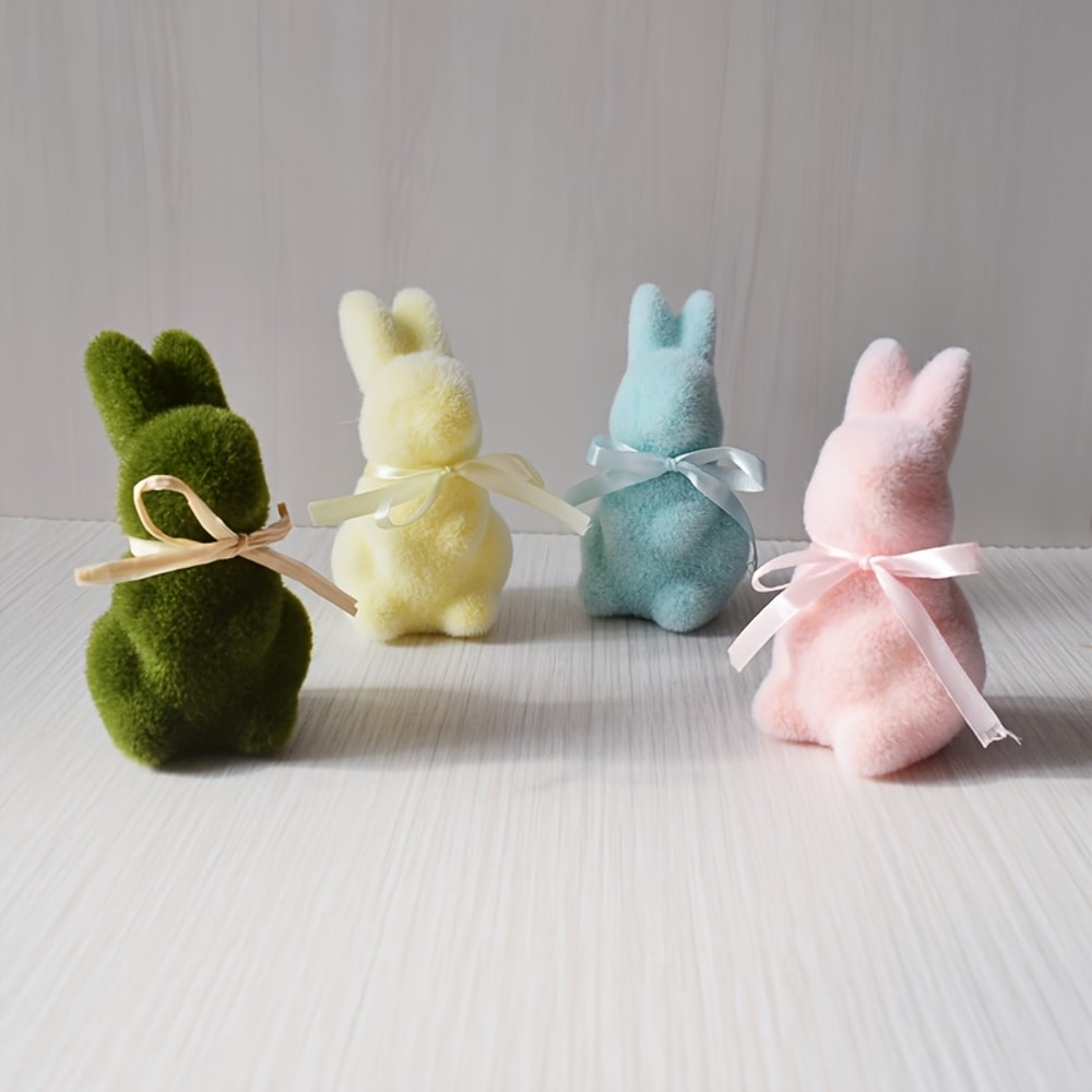 Flocked Foam Rabbit Ornaments Easter Bunny Decorative Figurines With Bow For Party And Home Decor 0