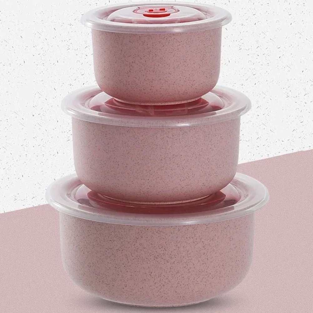 Microwaveable Wheat Straw Fresh Keeping Bowl Set With Lid Three Piece Plastic Round Lunch Box 0