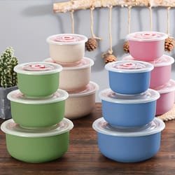 round wheat straw crisper bowl with lid, plastic microwave oven soup lunch box salad bowl
