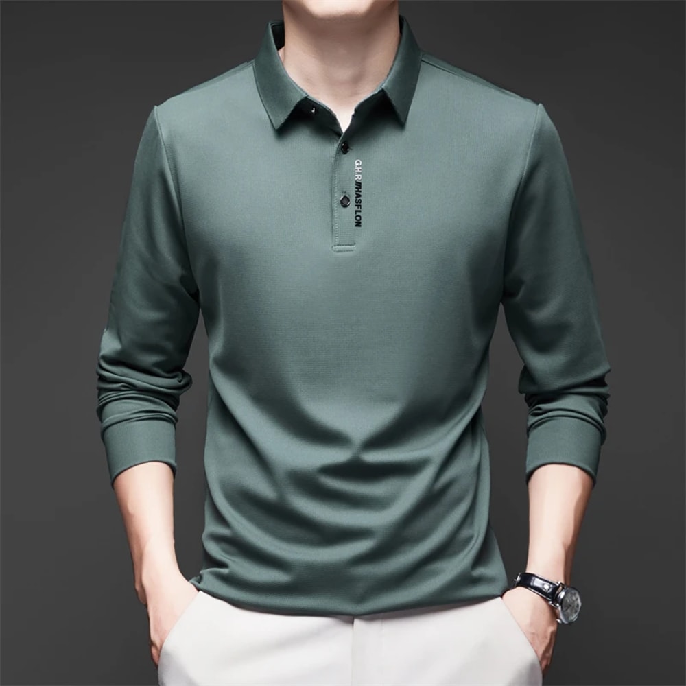 Fashionable Breathable Comfortable New Mens Business Casual Long Sleeved Shirt With Badge Solid Col 4
