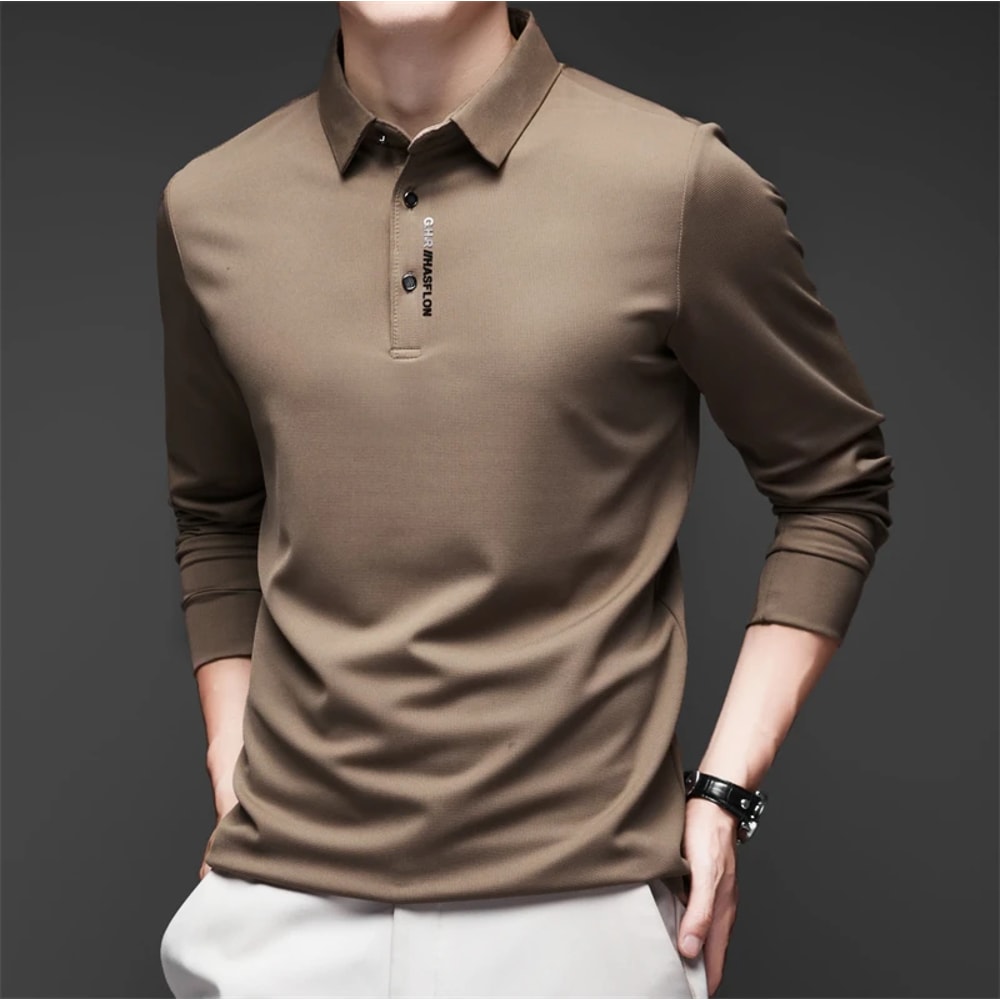 Fashionable Breathable Comfortable New Mens Business Casual Long Sleeved Shirt With Badge Solid Col 5