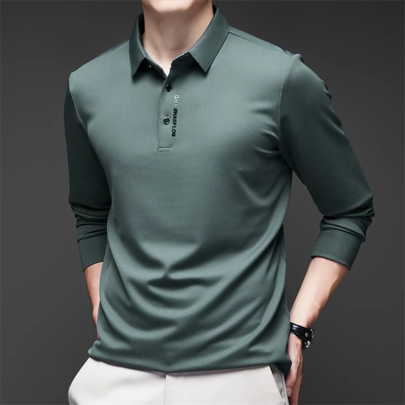 Fashionable Breathable Comfortable New Mens Business Casual Long Sleeved Shirt With Badge Solid Col 6