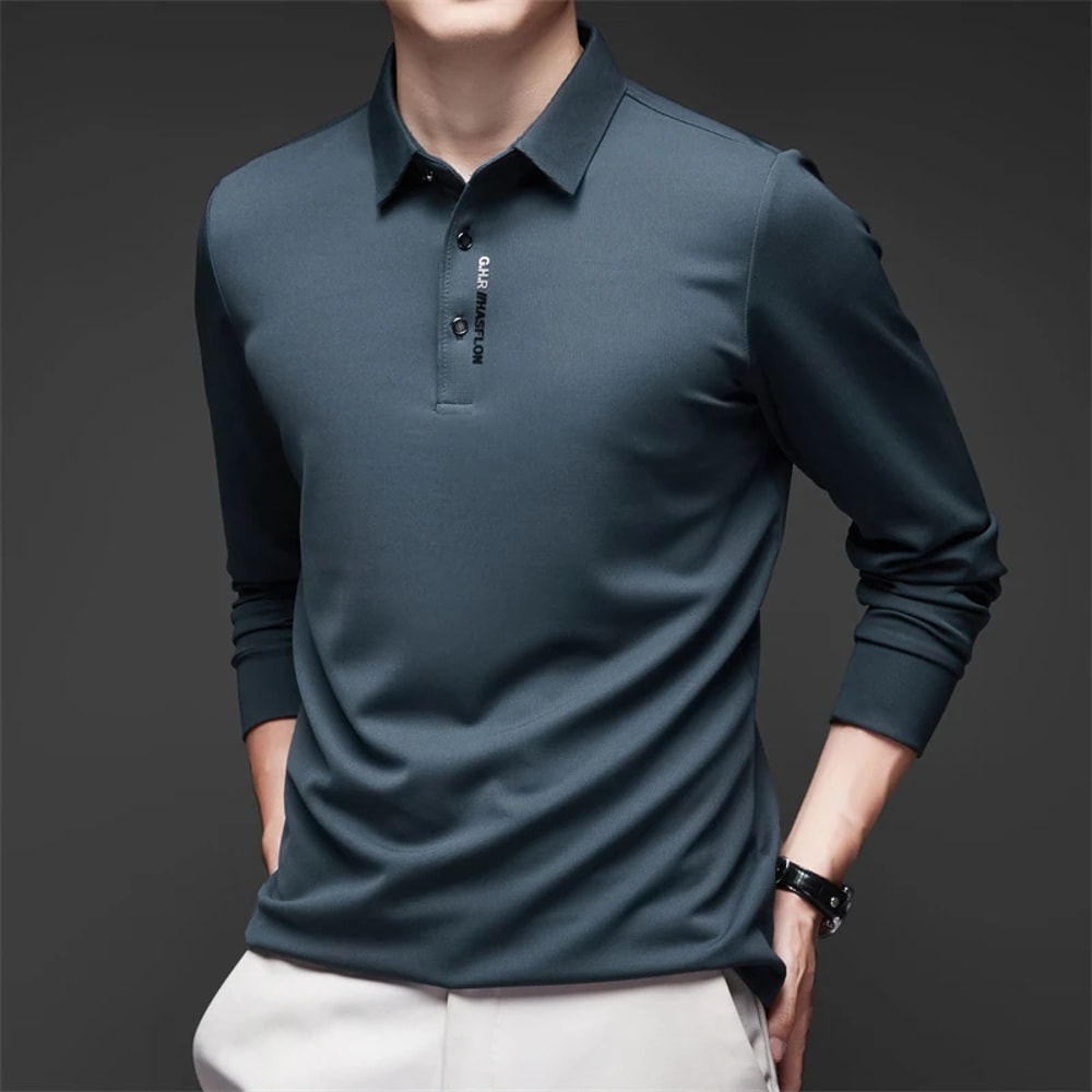 Fashionable Breathable Comfortable New Mens Business Casual Long Sleeved Shirt With Badge Solid Col 7