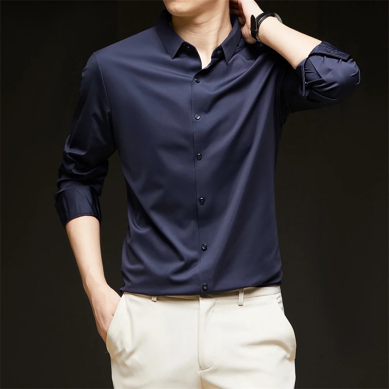 New Mens Business Casual Long Sleeved Shirt Wrinkle Resistant Comfortable All Season Versatile Top 0