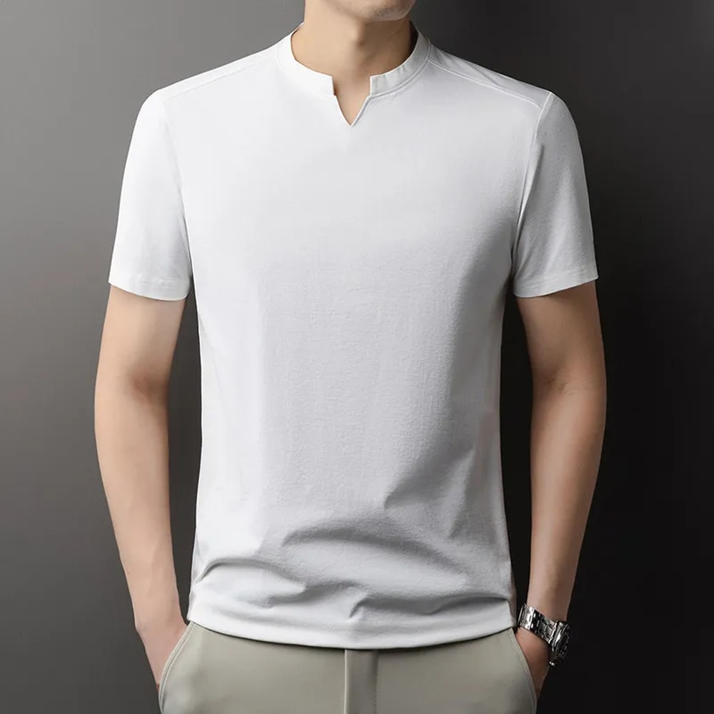 Comfortable Summer Versatile Top Mens Casual Small Vneck Solid Color Short Sleeved Tshirt 5