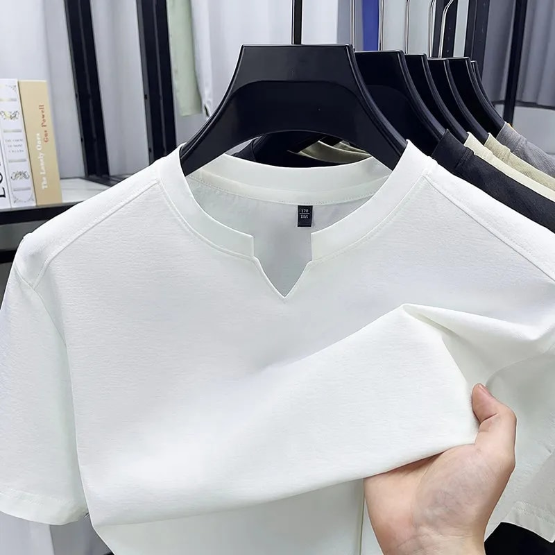 Comfortable Summer Versatile Top Mens Casual Small Vneck Solid Color Short Sleeved Tshirt 0