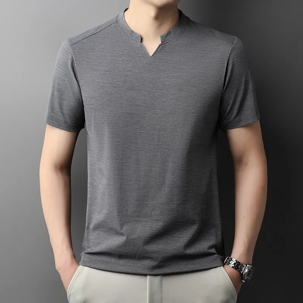 Comfortable Summer Versatile Top Mens Casual Small Vneck Solid Color Short Sleeved Tshirt 6