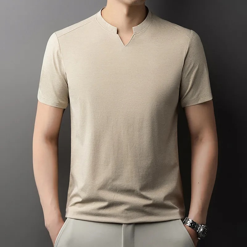 Comfortable Summer Versatile Top Mens Casual Small Vneck Solid Color Short Sleeved Tshirt 9