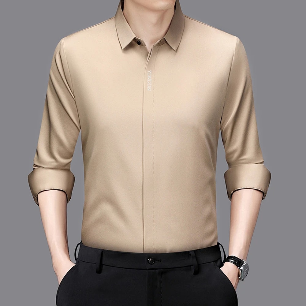 Comfortable Wrinkle Free Mens Long Sleeved Solid Color Business Casual Shirt All Season Versatile T 1
