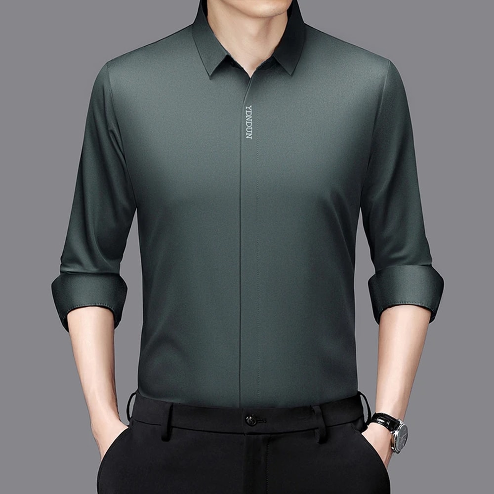 Comfortable Wrinkle Free Mens Long Sleeved Solid Color Business Casual Shirt All Season Versatile T 2