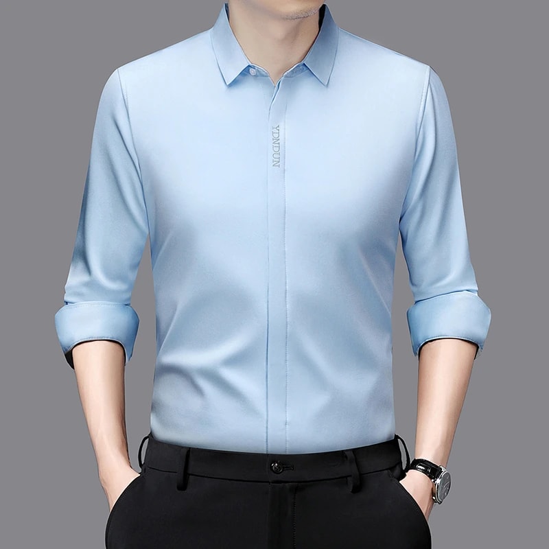 Comfortable Wrinkle Free Mens Long Sleeved Solid Color Business Casual Shirt All Season Versatile T 3