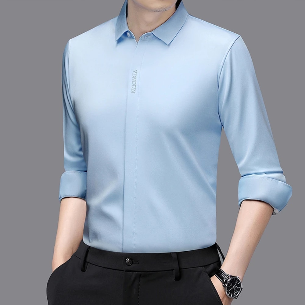 Comfortable Wrinkle Free Mens Long Sleeved Solid Color Business Casual Shirt All Season Versatile T 7