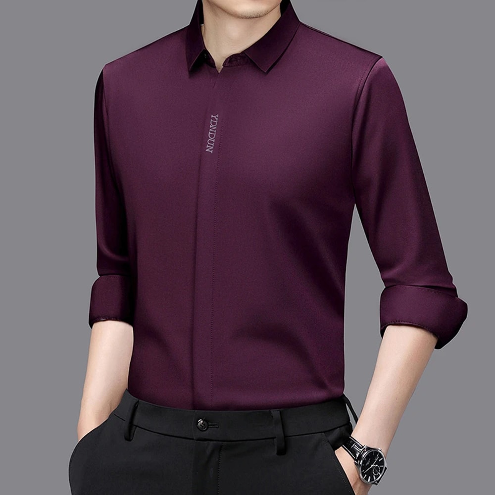 Comfortable Wrinkle Free Mens Long Sleeved Solid Color Business Casual Shirt All Season Versatile T 8