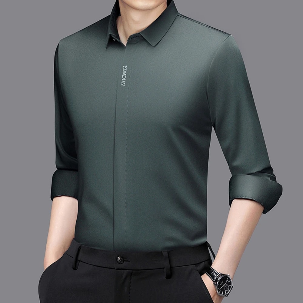Comfortable Wrinkle Free Mens Long Sleeved Solid Color Business Casual Shirt All Season Versatile T 9