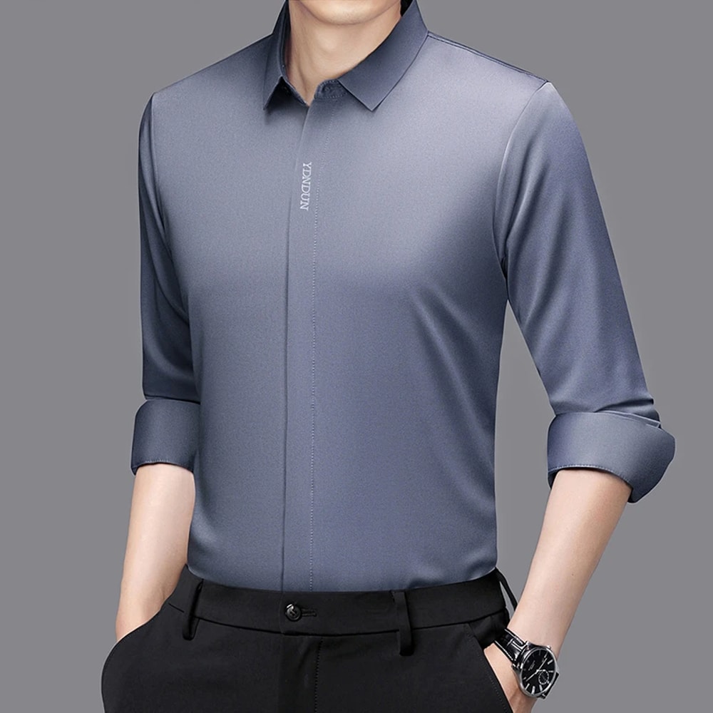 Comfortable Wrinkle Free Mens Long Sleeved Solid Color Business Casual Shirt All Season Versatile T 4