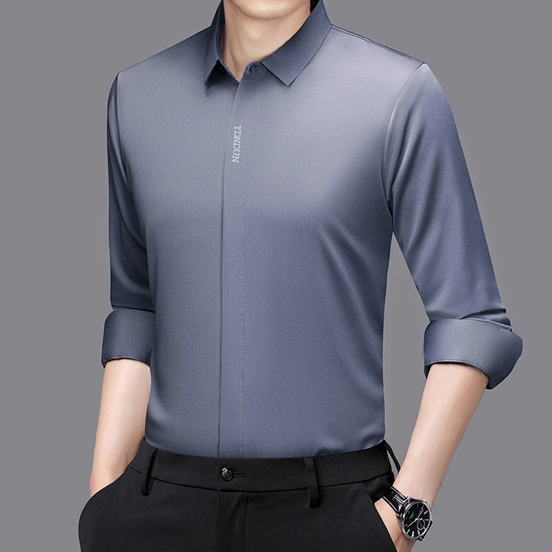 Comfortable Wrinkle Free Mens Long Sleeved Solid Color Business Casual Shirt All Season Versatile T 4