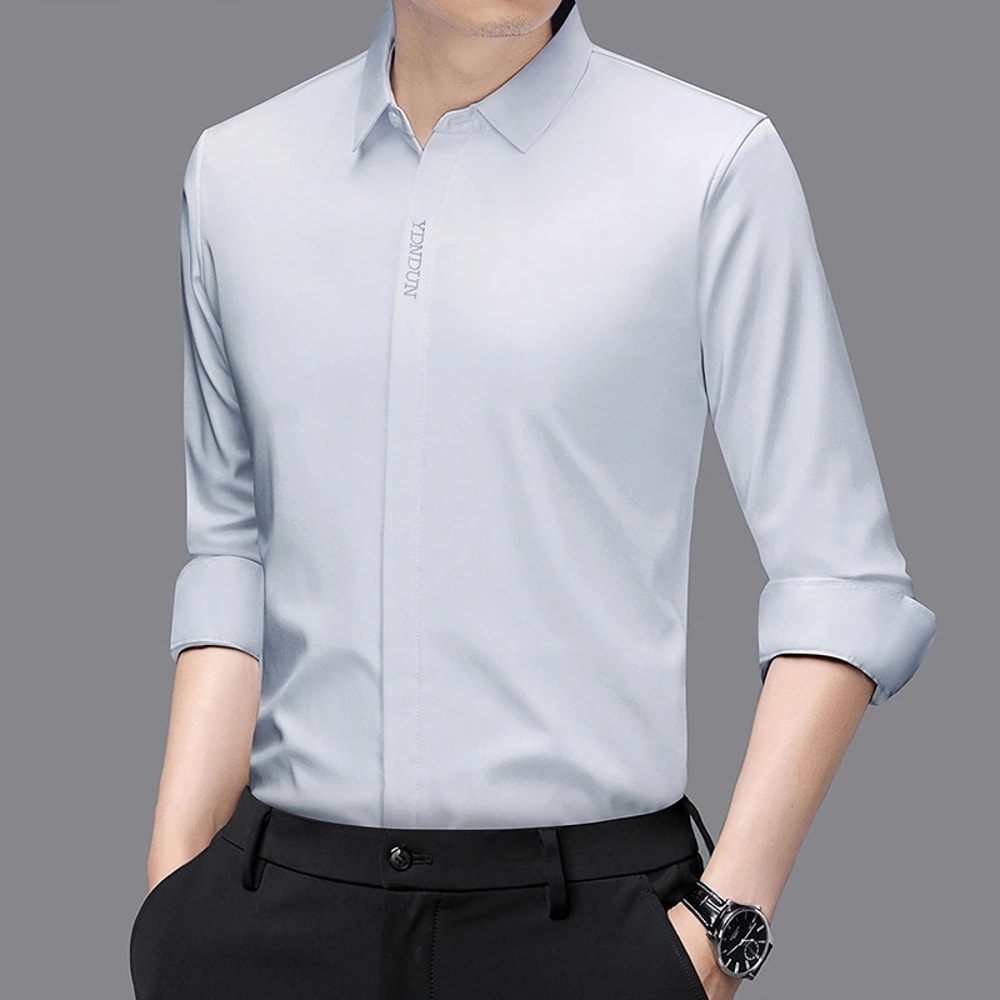 Comfortable Wrinkle Free Mens Long Sleeved Solid Color Business Casual Shirt All Season Versatile T 10