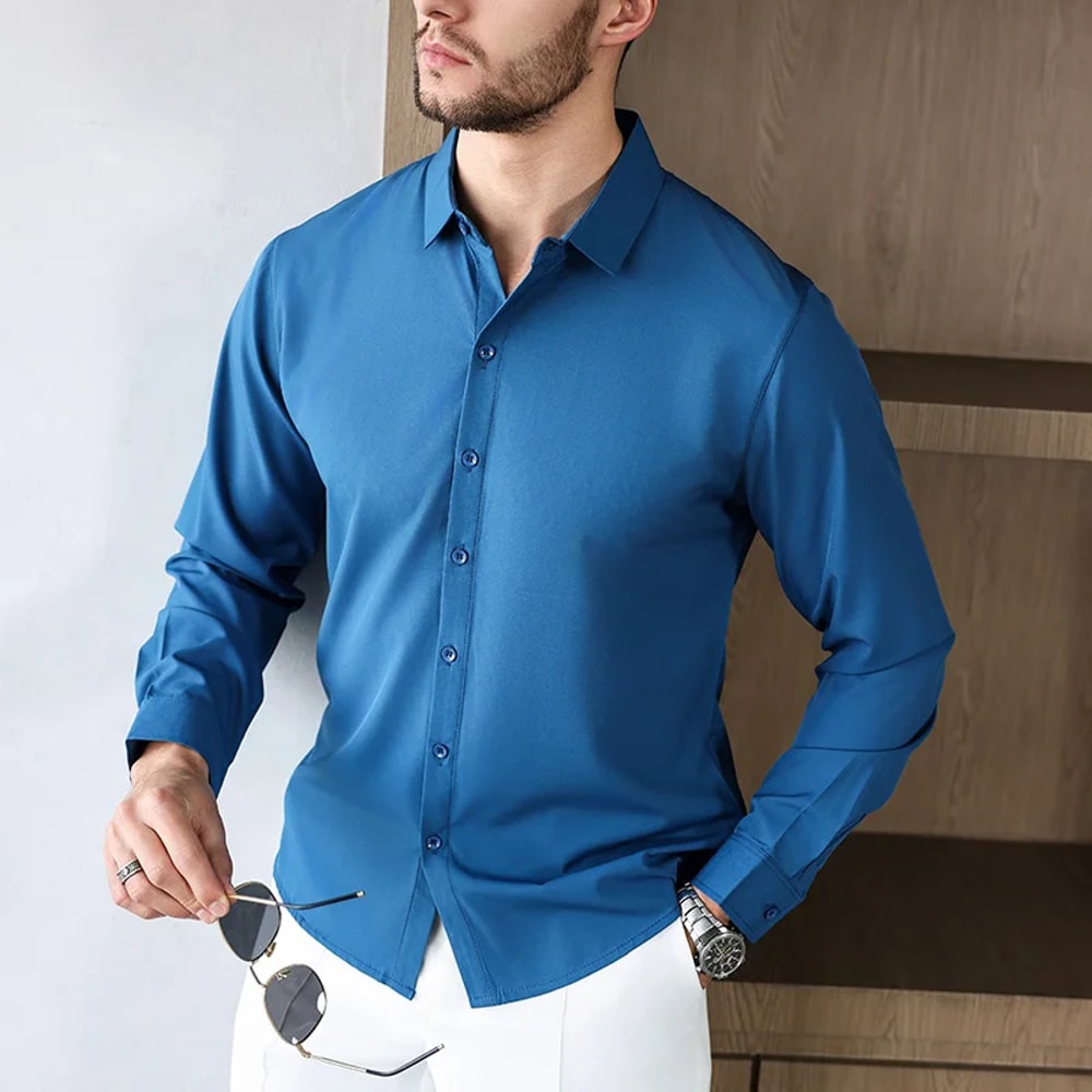 New Mens Solid Color Business Casual Long Sleeved Shirt Wrinkle Free Comfortable All Season Top 1