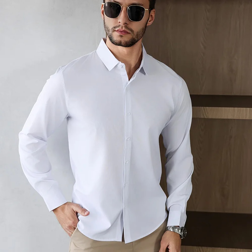 New Mens Solid Color Business Casual Long Sleeved Shirt Wrinkle Free Comfortable All Season Top 2