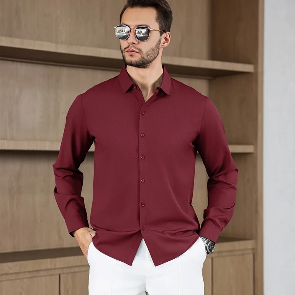 New Mens Solid Color Business Casual Long Sleeved Shirt Wrinkle Free Comfortable All Season Top 8
