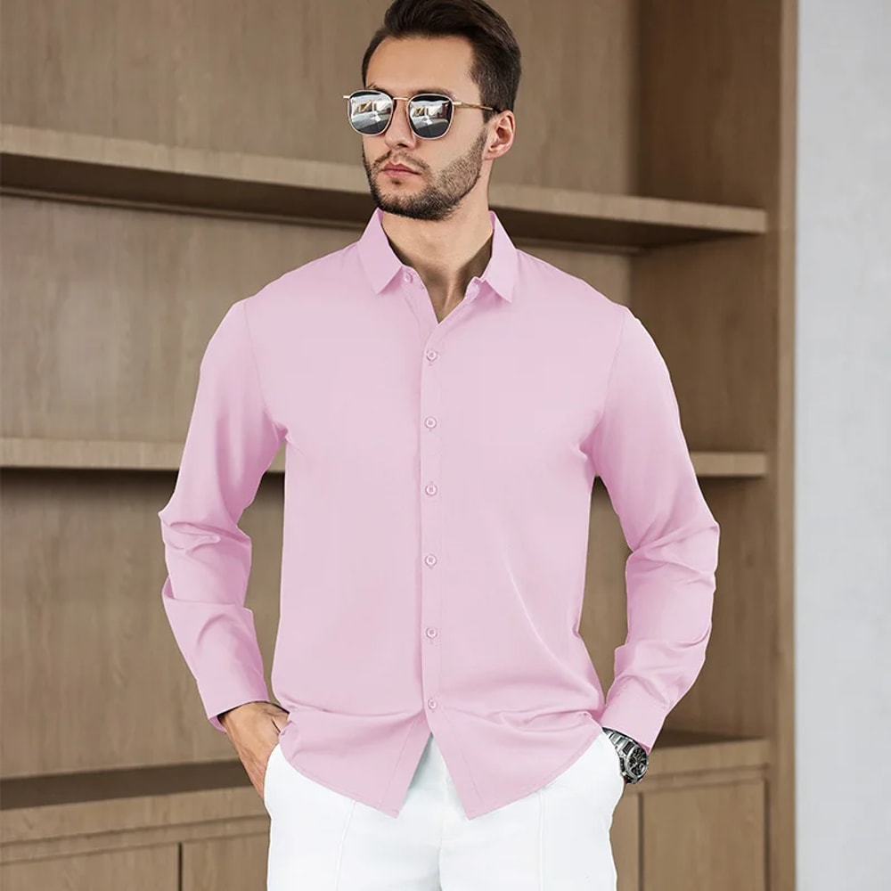 New Mens Solid Color Business Casual Long Sleeved Shirt Wrinkle Free Comfortable All Season Top 9