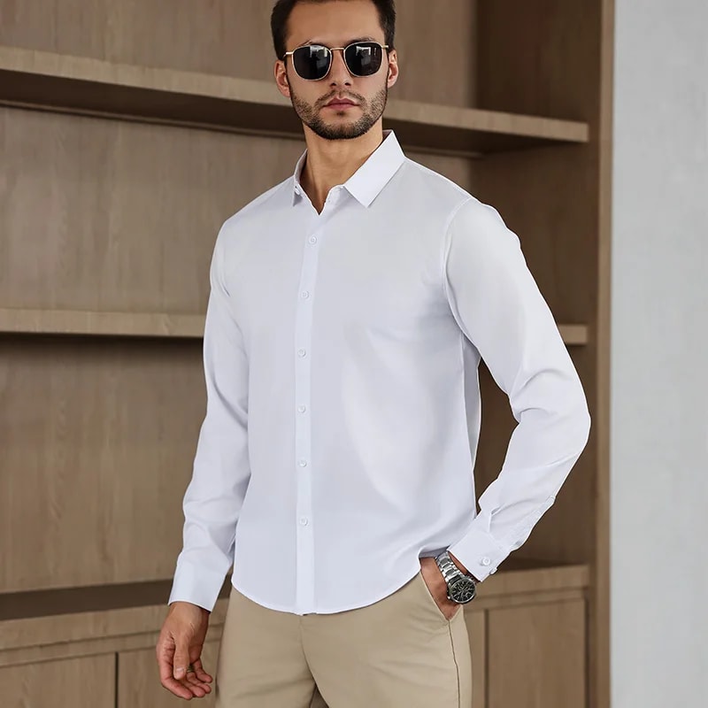 New Mens Solid Color Business Casual Long Sleeved Shirt Wrinkle Free Comfortable All Season Top 6