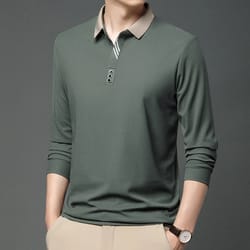 stylish men's business casual polo shirt, breathable long sleeved top, comfortable solid color shirt