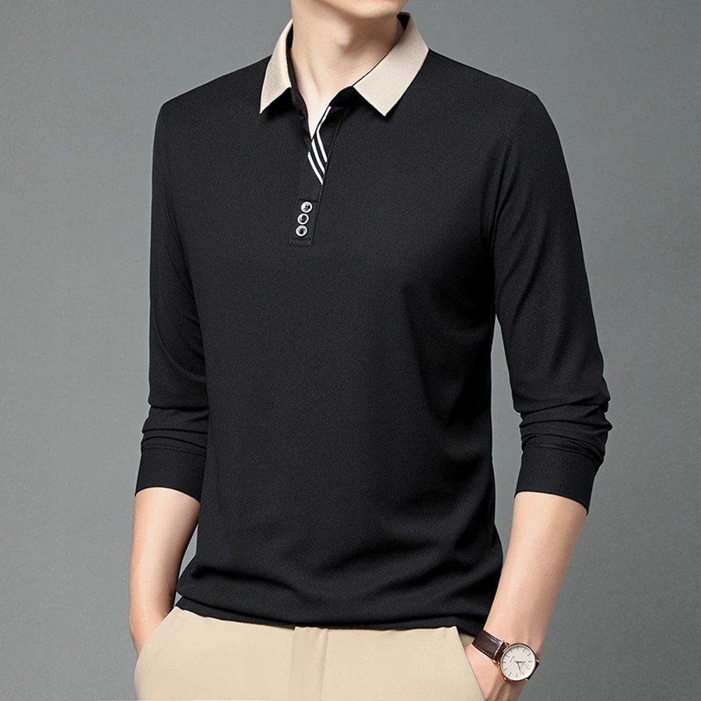 Stylish Mens Business Casual Polo Shirt Breathable Long Sleeved Top Comfortable Solid Color Shirt 3