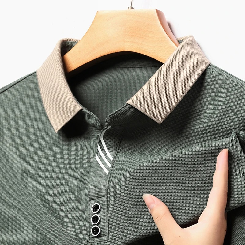 Stylish Mens Business Casual Polo Shirt Breathable Long Sleeved Top Comfortable Solid Color Shirt 6