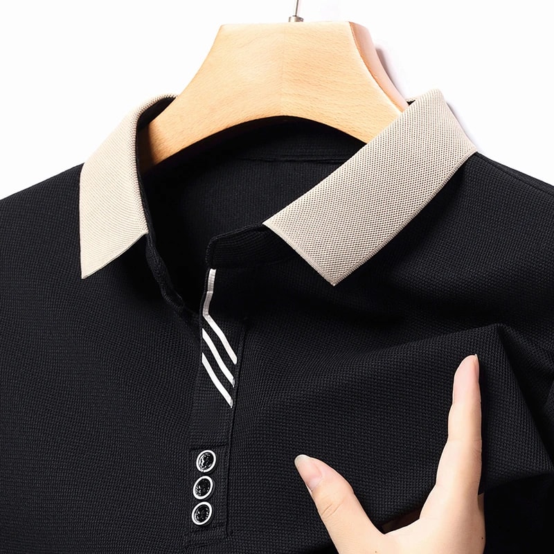 Stylish Mens Business Casual Polo Shirt Breathable Long Sleeved Top Comfortable Solid Color Shirt 7