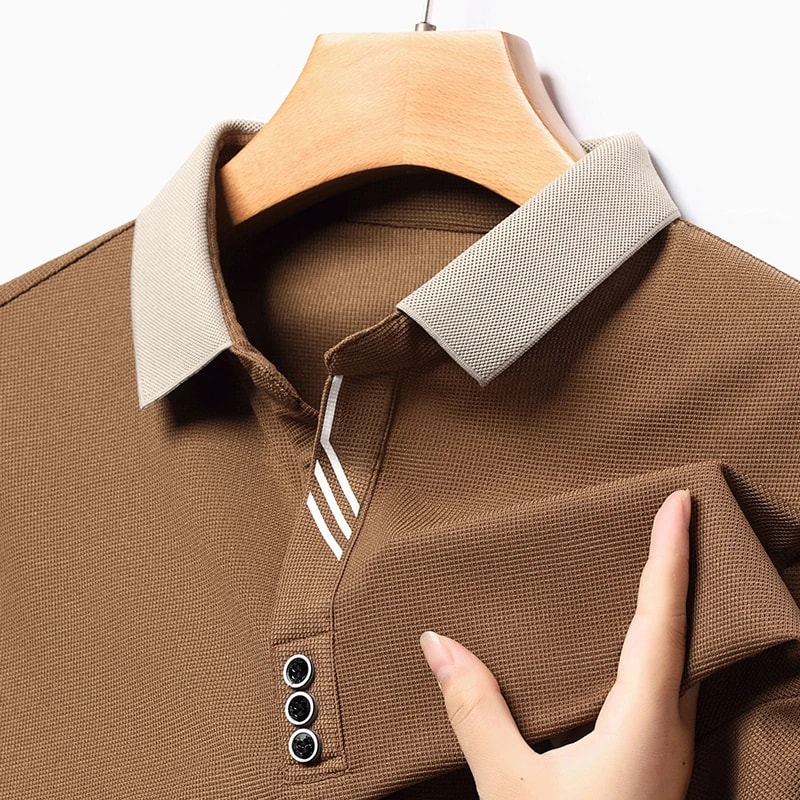 Stylish Mens Business Casual Polo Shirt Breathable Long Sleeved Top Comfortable Solid Color Shirt 8
