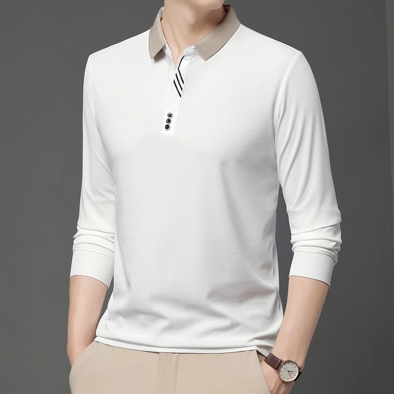 Stylish Mens Business Casual Polo Shirt Breathable Long Sleeved Top Comfortable Solid Color Shirt 5
