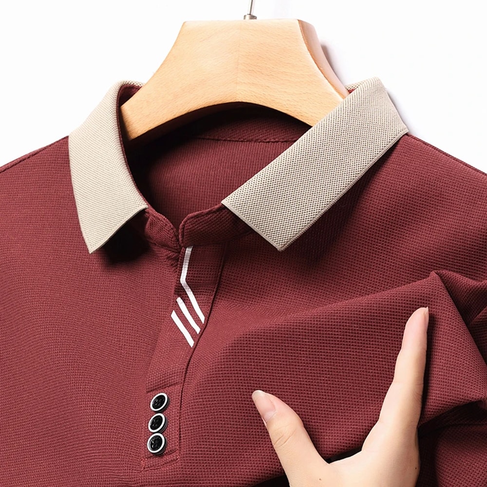 Stylish Mens Business Casual Polo Shirt Breathable Long Sleeved Top Comfortable Solid Color Shirt 11