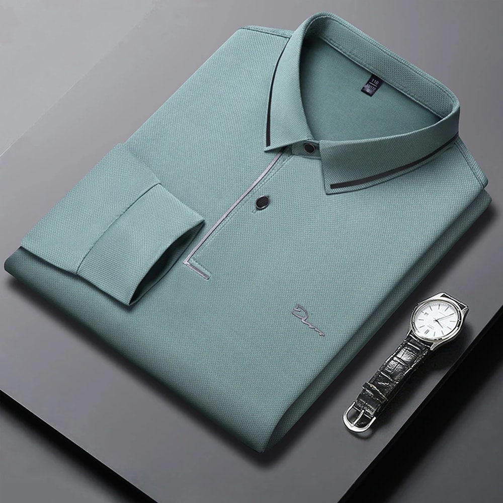 New Mens Business Casual Polo Shirt Long Sleeved Badge Solid Color Fashionable Comfortable Breathab 1