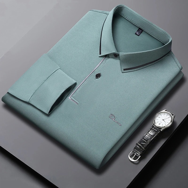 New Mens Business Casual Polo Shirt Long Sleeved Badge Solid Color Fashionable Comfortable Breathab 1