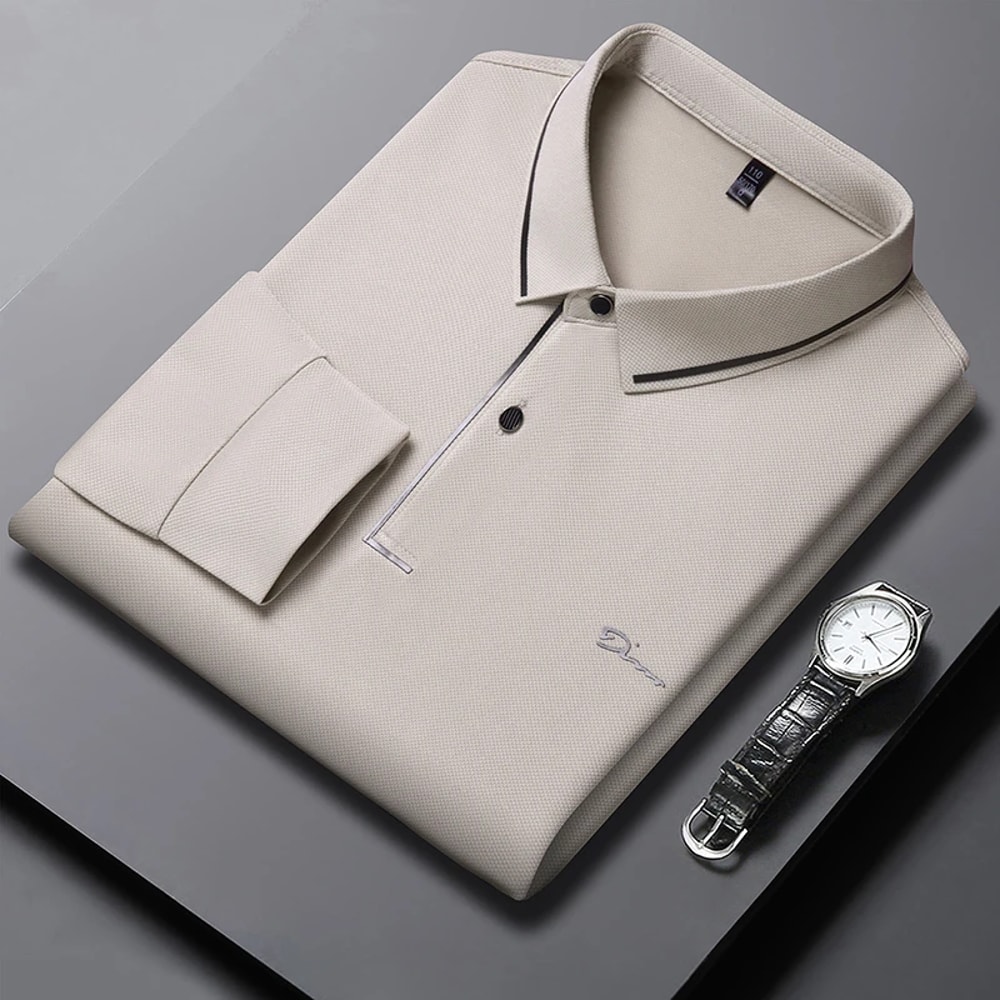 New Mens Business Casual Polo Shirt Long Sleeved Badge Solid Color Fashionable Comfortable Breathab 2